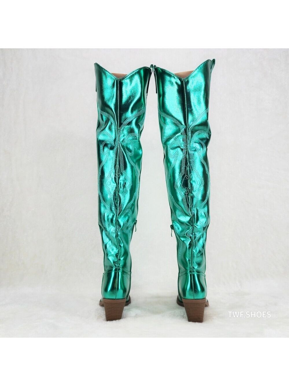 NIB Country Disco Cowboy Metallic Green Western Cowgirl OTK Thigh Boots - Picture 10 of 16